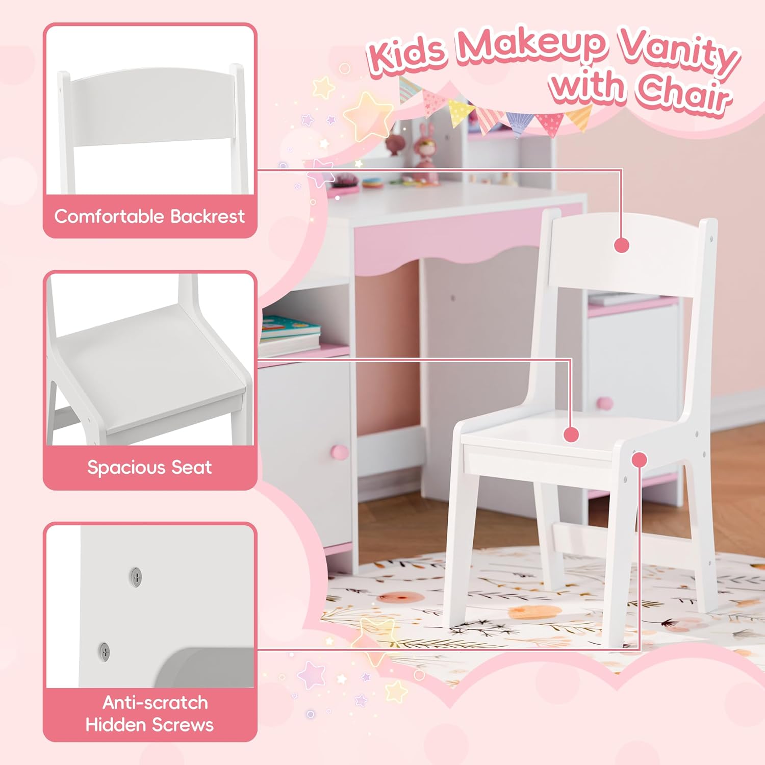 MU Kids Vanity, Girl Vanity Set with Mirror and Stool, 2 in 1 Toddler Makeup Vanity Table with Jewelry Storage, Wooden Princess Makeup Desk Dressing Table for Little Girls - 8