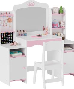MU Kids Vanity, Girl Vanity Set with Mirror and Stool, 2 in 1 Toddler Makeup Vanity Table with Jewelry Storage, Wooden Princess Makeup Desk Dressing Table for Little Girls - 9