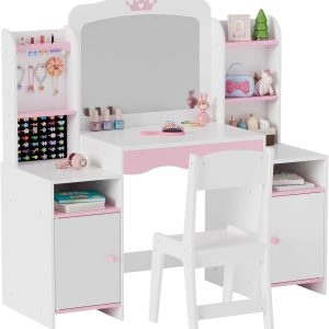 MU Kids Vanity, Girl Vanity Set with Mirror and Stool, 2 in 1 Toddler Makeup Vanity Table with Jewelry Storage, Wooden Princess Makeup Desk Dressing Table for Little Girls - 9