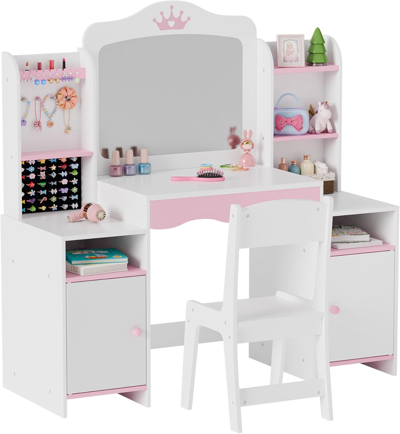 MU Kids Vanity, Girl Vanity Set with Mirror and Stool, 2 in 1 Toddler Makeup Vanity Table with Jewelry Storage, Wooden Princess Makeup Desk Dressing Table for Little Girls - 9