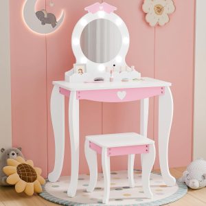 MU Kids Vanity Set with Lighted Mirror and Stool, Kids Make Up Vanity Desk with Storage Space, Wing Pattern for Little Girls, Toddler Princess Makeup Dressing Table with Chair Set, White - 1