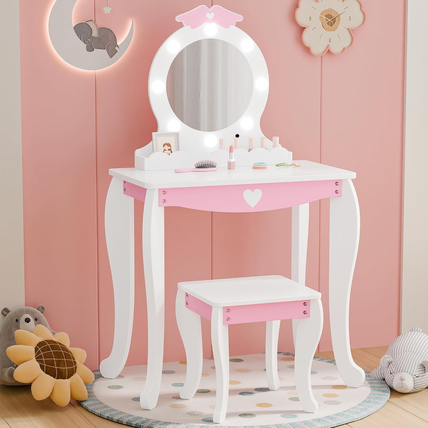 MU Kids Vanity Set with Lighted Mirror and Stool, Kids Make Up Vanity Desk with Storage Space, Wing Pattern for Little Girls, Toddler Princess Makeup Dressing Table with Chair Set, White - 1