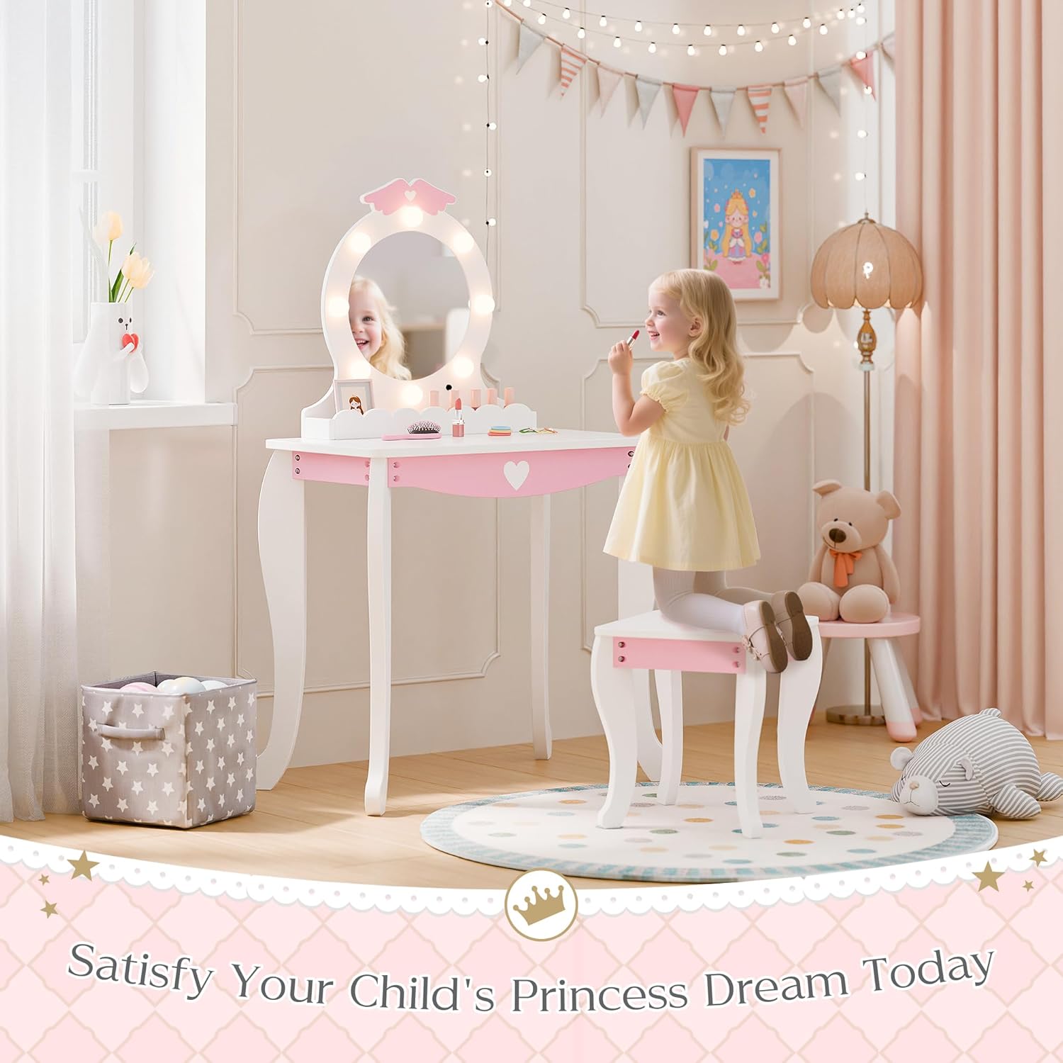 MU Kids Vanity Set with Lighted Mirror and Stool, Kids Make Up Vanity Desk with Storage Space, Wing Pattern for Little Girls, Toddler Princess Makeup Dressing Table with Chair Set, White - 2