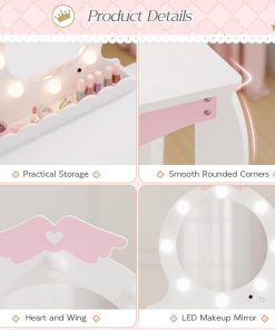 MU Kids Vanity Set with Lighted Mirror and Stool, Kids Make Up Vanity Desk with Storage Space, Wing Pattern for Little Girls, Toddler Princess Makeup Dressing Table with Chair Set, White - 3