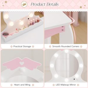 MU Kids Vanity Set with Lighted Mirror and Stool, Kids Make Up Vanity Desk with Storage Space, Wing Pattern for Little Girls, Toddler Princess Makeup Dressing Table with Chair Set, White - 3