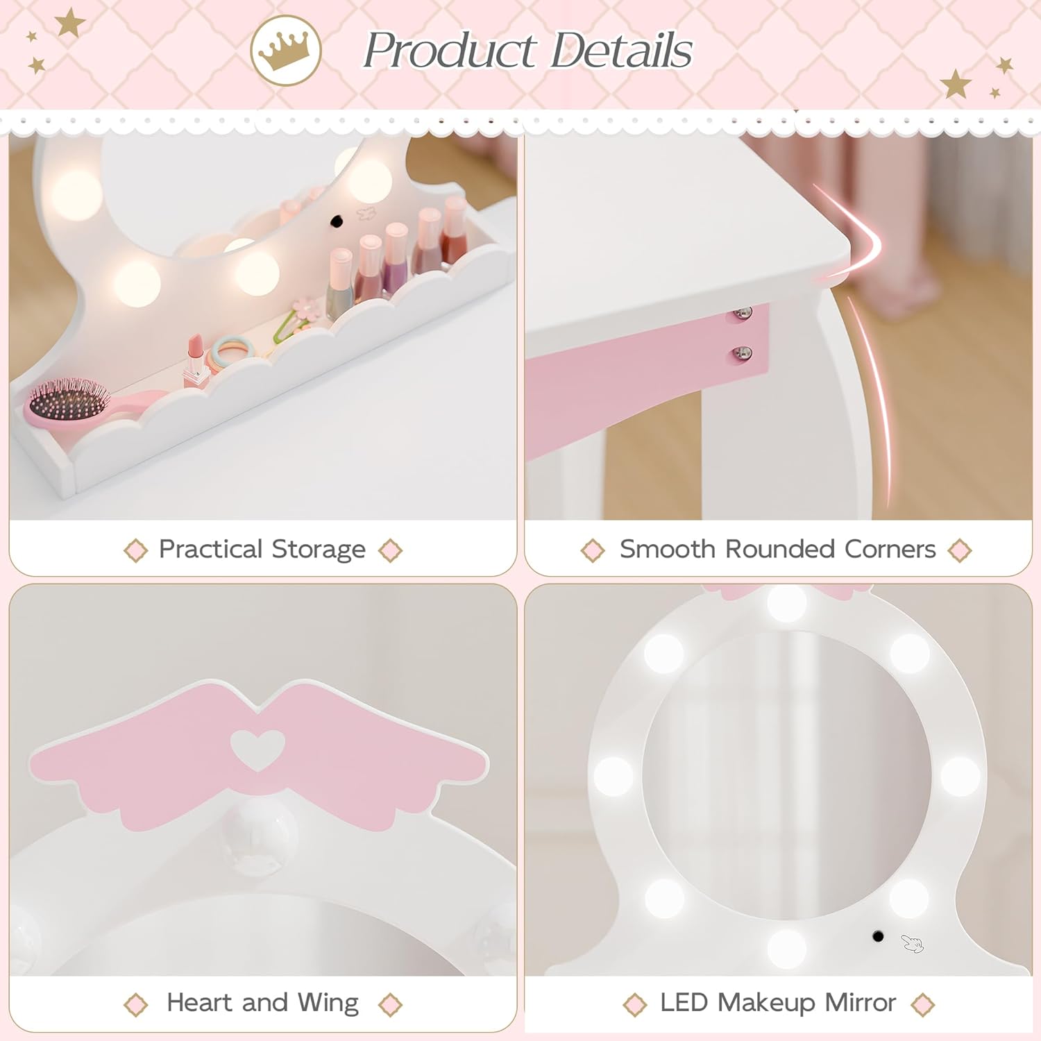 MU Kids Vanity Set with Lighted Mirror and Stool, Kids Make Up Vanity Desk with Storage Space, Wing Pattern for Little Girls, Toddler Princess Makeup Dressing Table with Chair Set, White - 3
