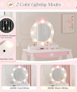 MU Kids Vanity Set with Lighted Mirror and Stool, Kids Make Up Vanity Desk with Storage Space, Wing Pattern for Little Girls, Toddler Princess Makeup Dressing Table with Chair Set, White - 4
