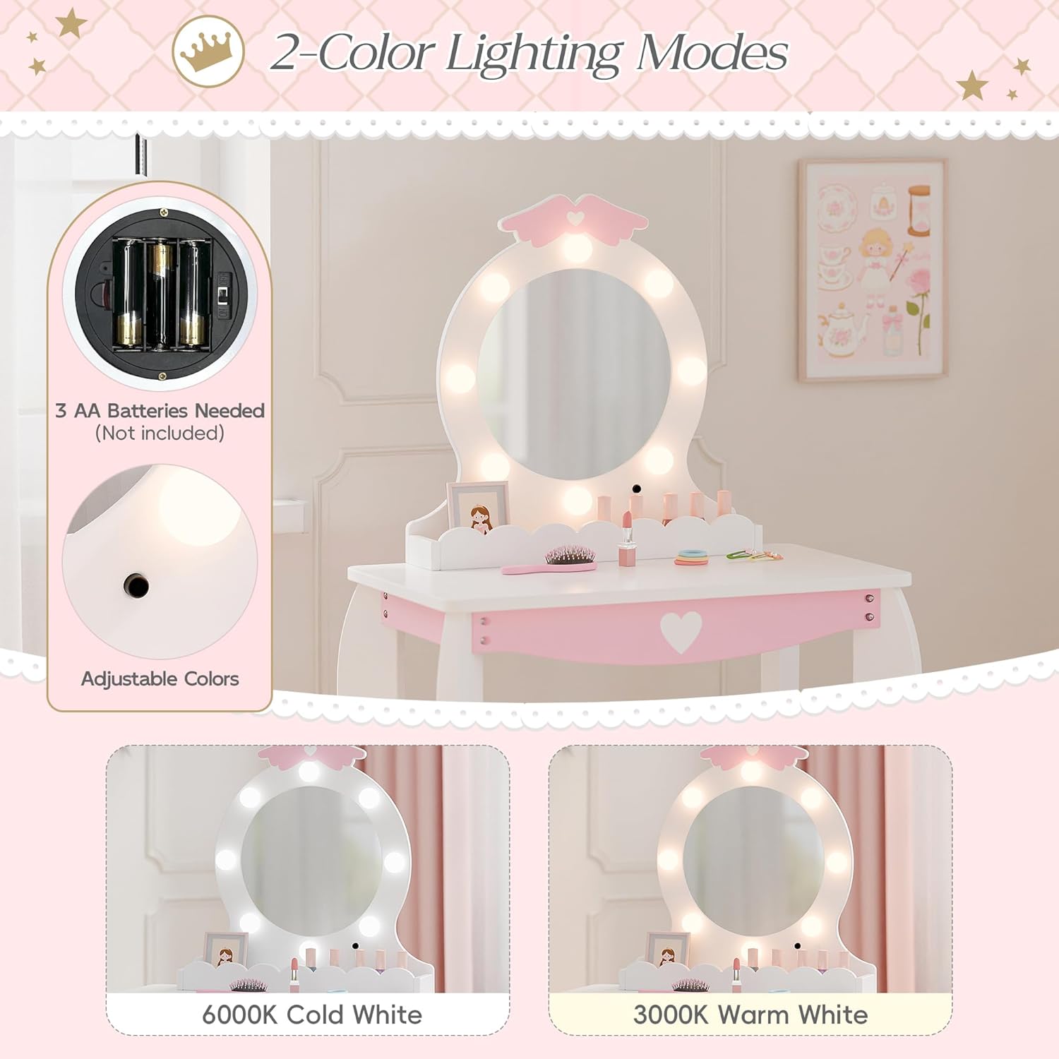 MU Kids Vanity Set with Lighted Mirror and Stool, Kids Make Up Vanity Desk with Storage Space, Wing Pattern for Little Girls, Toddler Princess Makeup Dressing Table with Chair Set, White - 4