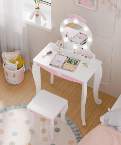MU Kids Vanity Set with Lighted Mirror and Stool, Kids Make Up Vanity Desk with Storage Space, Wing Pattern for Little Girls, Toddler Princess Makeup Dressing Table with Chair Set, White - 5