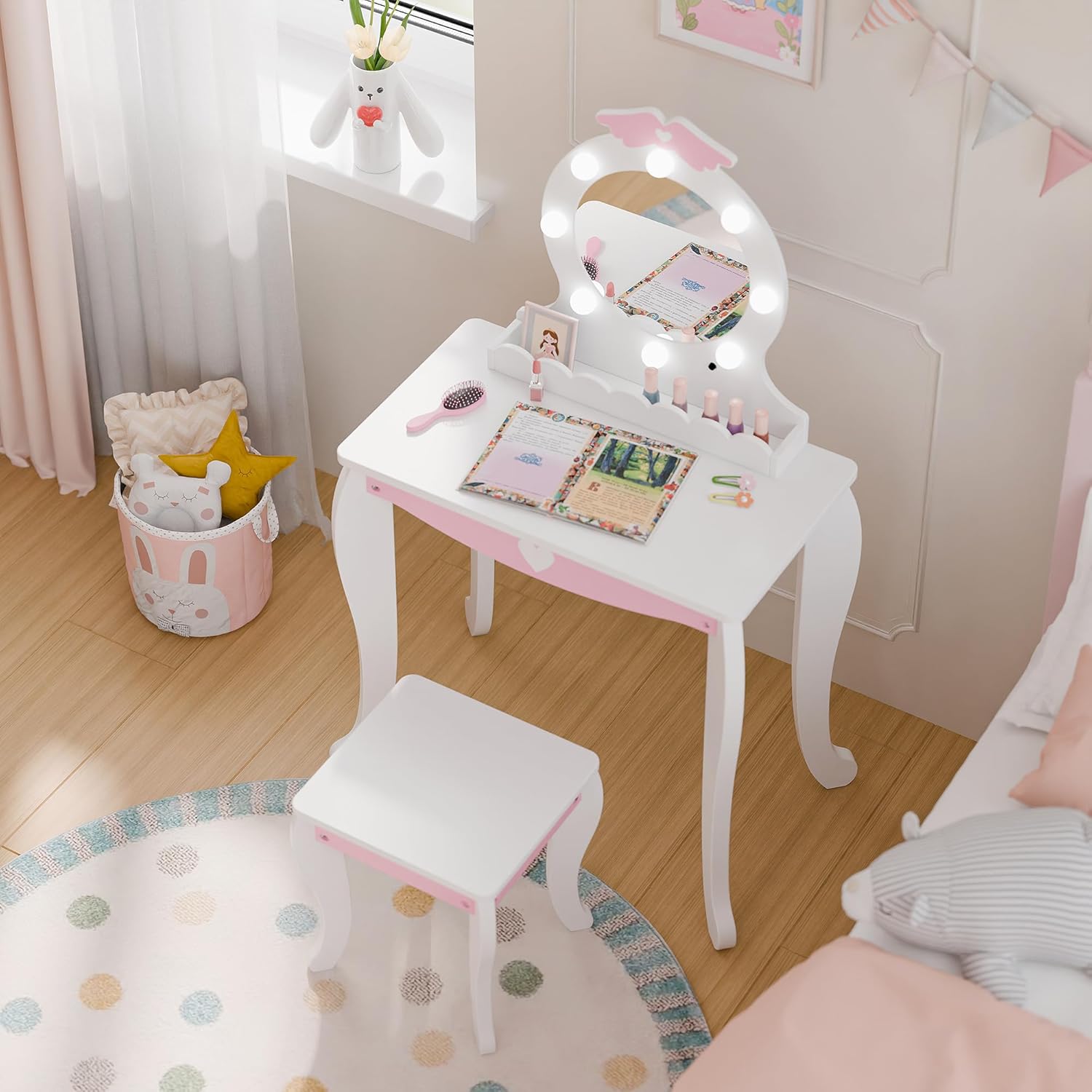 MU Kids Vanity Set with Lighted Mirror and Stool, Kids Make Up Vanity Desk with Storage Space, Wing Pattern for Little Girls, Toddler Princess Makeup Dressing Table with Chair Set, White - 5