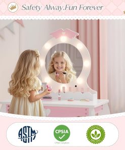 MU Kids Vanity Set with Lighted Mirror and Stool, Kids Make Up Vanity Desk with Storage Space, Wing Pattern for Little Girls, Toddler Princess Makeup Dressing Table with Chair Set, White - 6