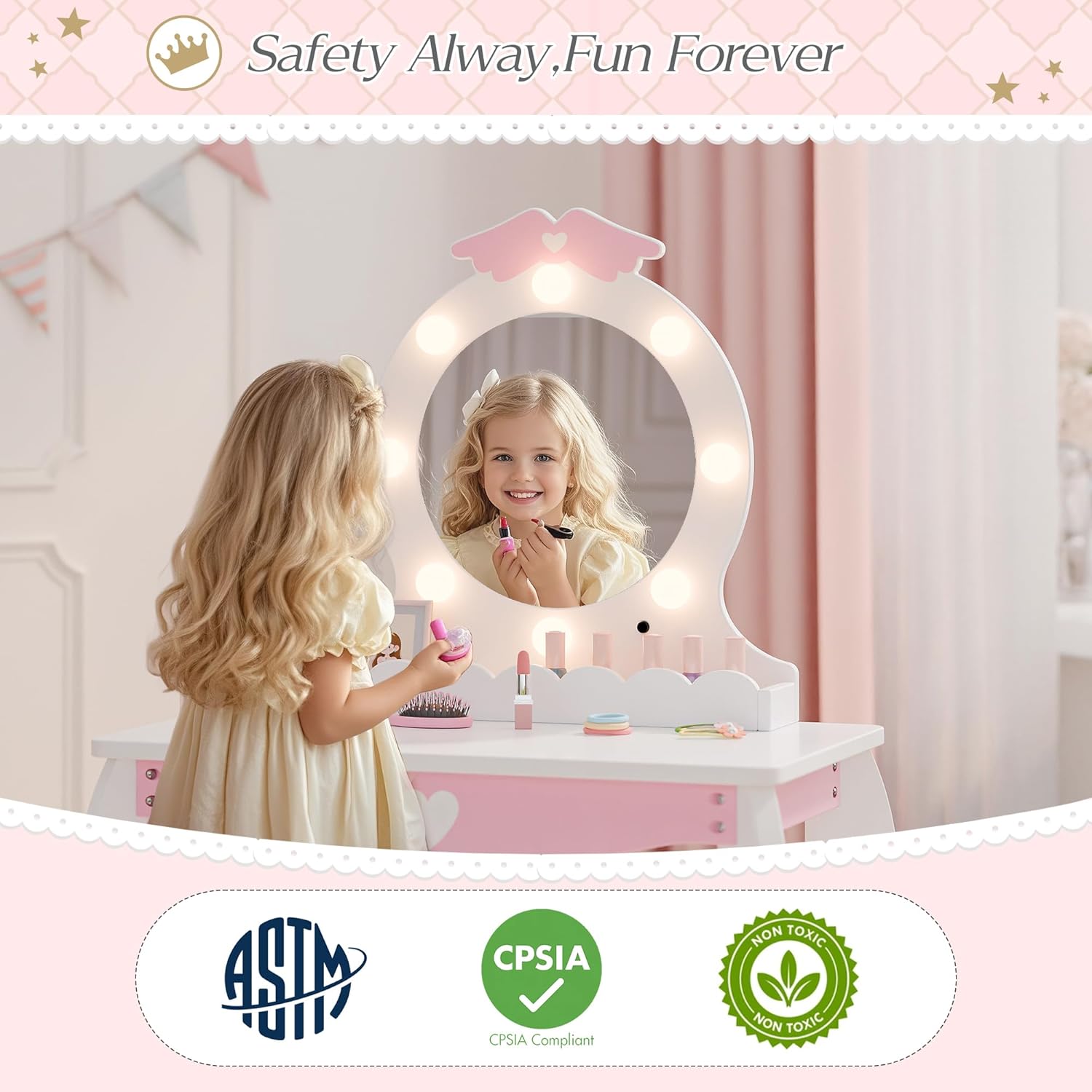 MU Kids Vanity Set with Lighted Mirror and Stool, Kids Make Up Vanity Desk with Storage Space, Wing Pattern for Little Girls, Toddler Princess Makeup Dressing Table with Chair Set, White - 6