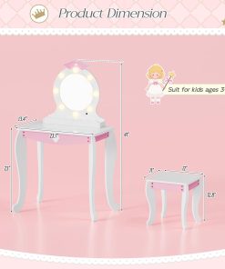 MU Kids Vanity Set with Lighted Mirror and Stool, Kids Make Up Vanity Desk with Storage Space, Wing Pattern for Little Girls, Toddler Princess Makeup Dressing Table with Chair Set, White - 7