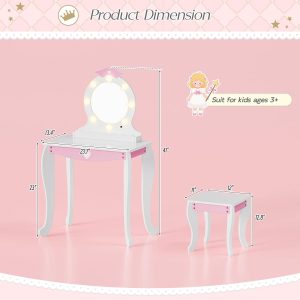 MU Kids Vanity Set with Lighted Mirror and Stool, Kids Make Up Vanity Desk with Storage Space, Wing Pattern for Little Girls, Toddler Princess Makeup Dressing Table with Chair Set, White - 7