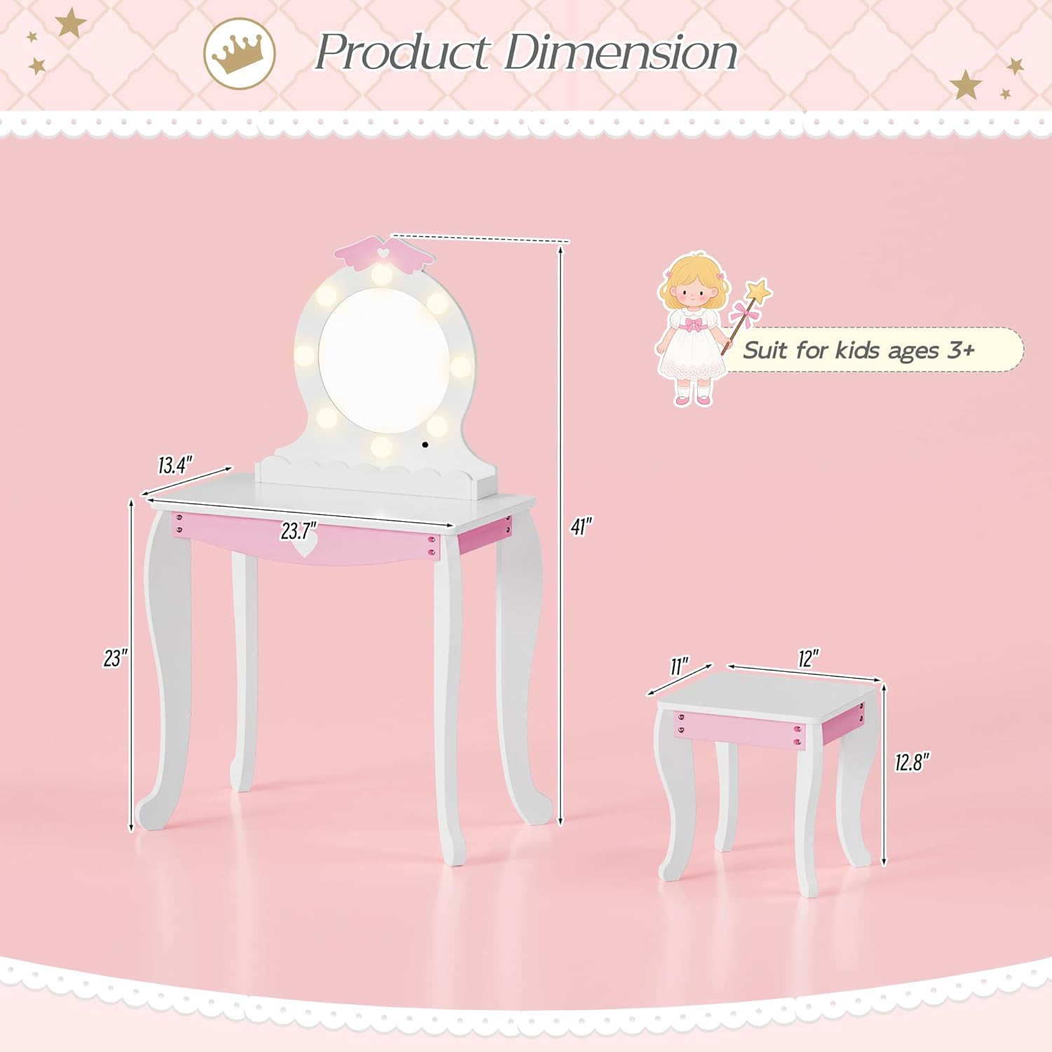 MU Kids Vanity Set with Lighted Mirror and Stool, Kids Make Up Vanity Desk with Storage Space, Wing Pattern for Little Girls, Toddler Princess Makeup Dressing Table with Chair Set, White - 7