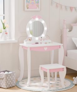MU Kids Vanity Set with Lighted Mirror and Stool, Kids Make Up Vanity Desk with Storage Space, Wing Pattern for Little Girls, Toddler Princess Makeup Dressing Table with Chair Set, White - 8