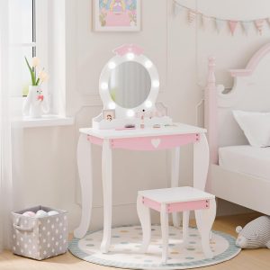 MU Kids Vanity Set with Lighted Mirror and Stool, Kids Make Up Vanity Desk with Storage Space, Wing Pattern for Little Girls, Toddler Princess Makeup Dressing Table with Chair Set, White - 8