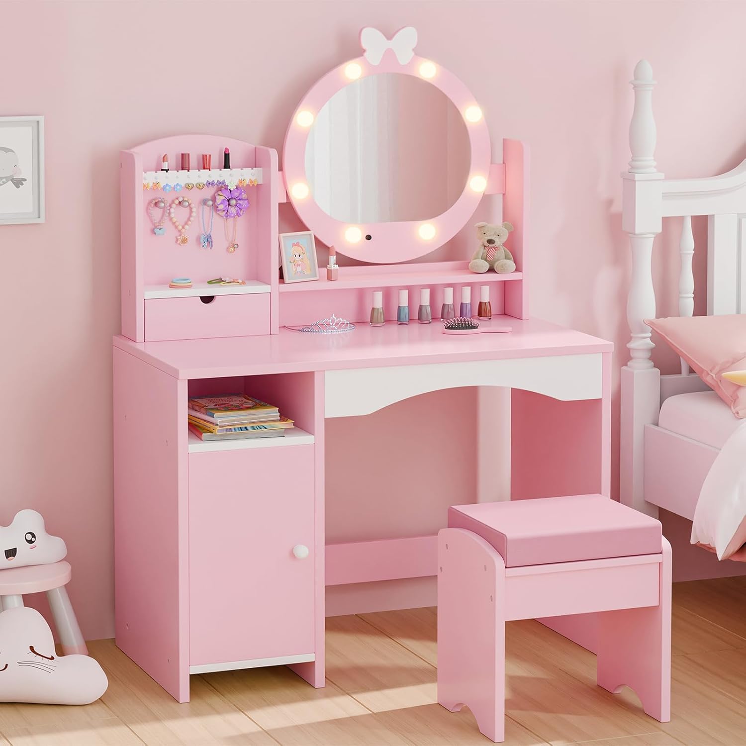 MU Kids Vanity Table and Chair Set – Princess Girls Vanity Set with Mirror, Lights, Jewelry Storage, and Cushioned Stool, Toddler Makeup Vanity for Little Girls - 1