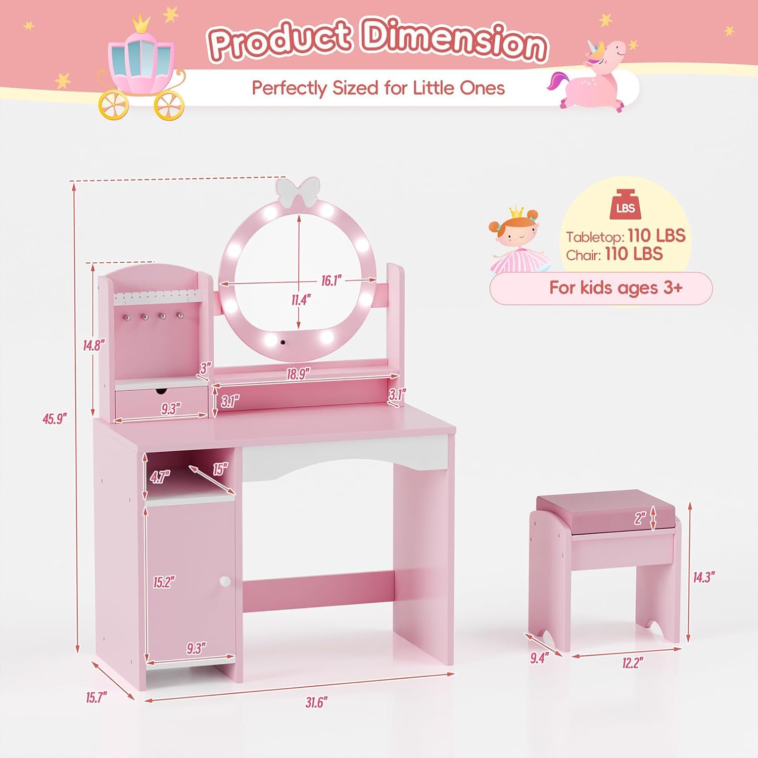 MU Kids Vanity Table and Chair Set – Princess Girls Vanity Set with Mirror, Lights, Jewelry Storage, and Cushioned Stool, Toddler Makeup Vanity for Little Girls - 2
