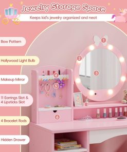 MU Kids Vanity Table and Chair Set – Princess Girls Vanity Set with Mirror, Lights, Jewelry Storage, and Cushioned Stool, Toddler Makeup Vanity for Little Girls - 3
