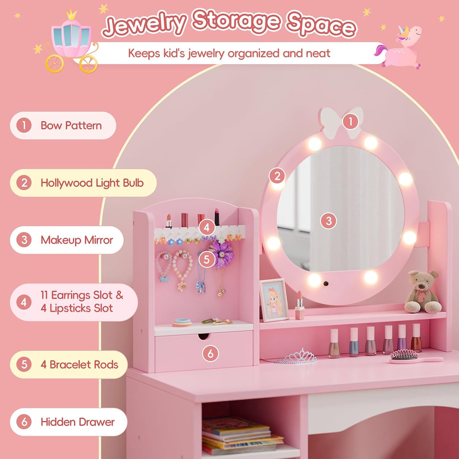 MU Kids Vanity Table and Chair Set – Princess Girls Vanity Set with Mirror, Lights, Jewelry Storage, and Cushioned Stool, Toddler Makeup Vanity for Little Girls - 3