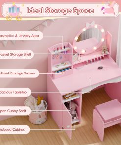 MU Kids Vanity Table and Chair Set – Princess Girls Vanity Set with Mirror, Lights, Jewelry Storage, and Cushioned Stool, Toddler Makeup Vanity for Little Girls - 4