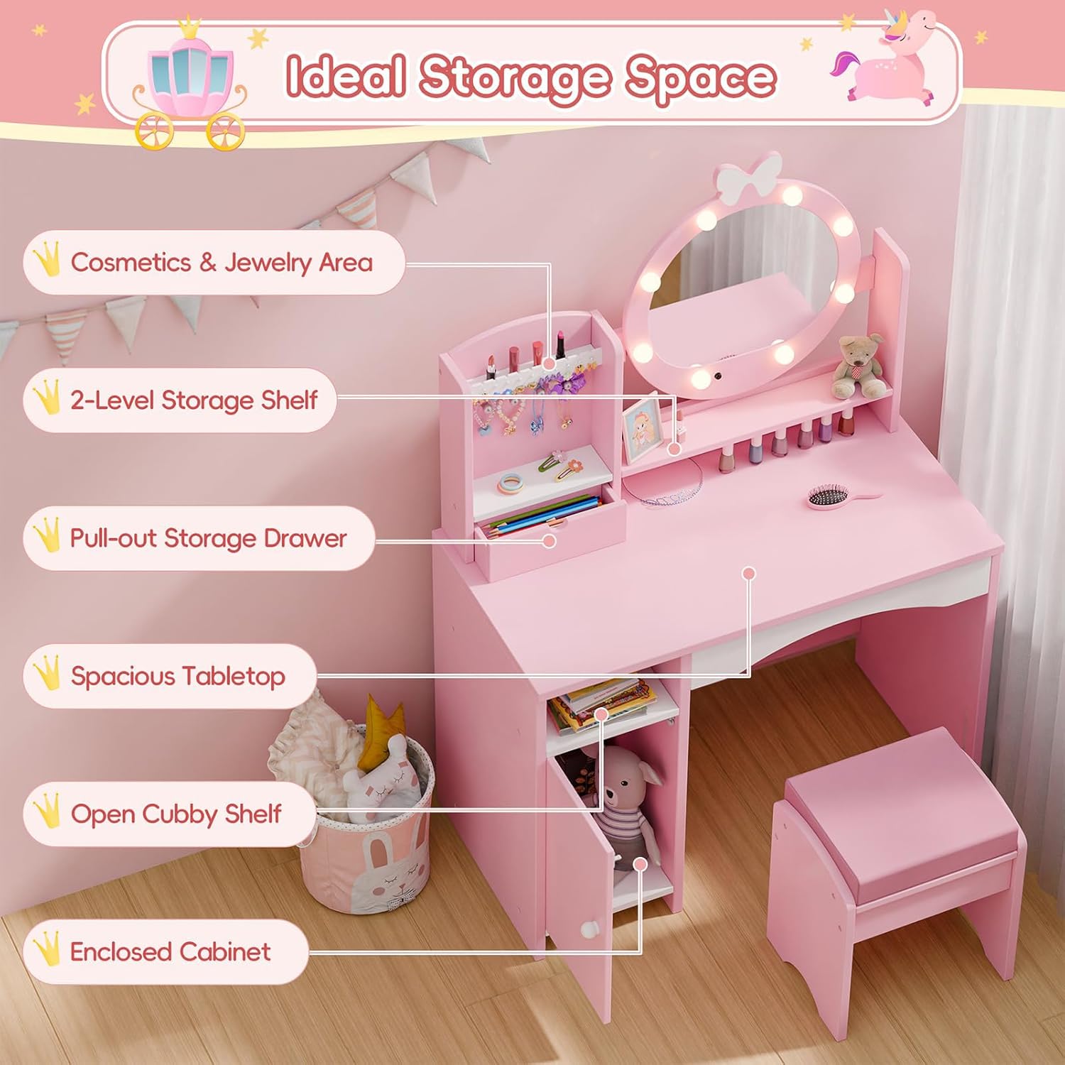 MU Kids Vanity Table and Chair Set – Princess Girls Vanity Set with Mirror, Lights, Jewelry Storage, and Cushioned Stool, Toddler Makeup Vanity for Little Girls - 4