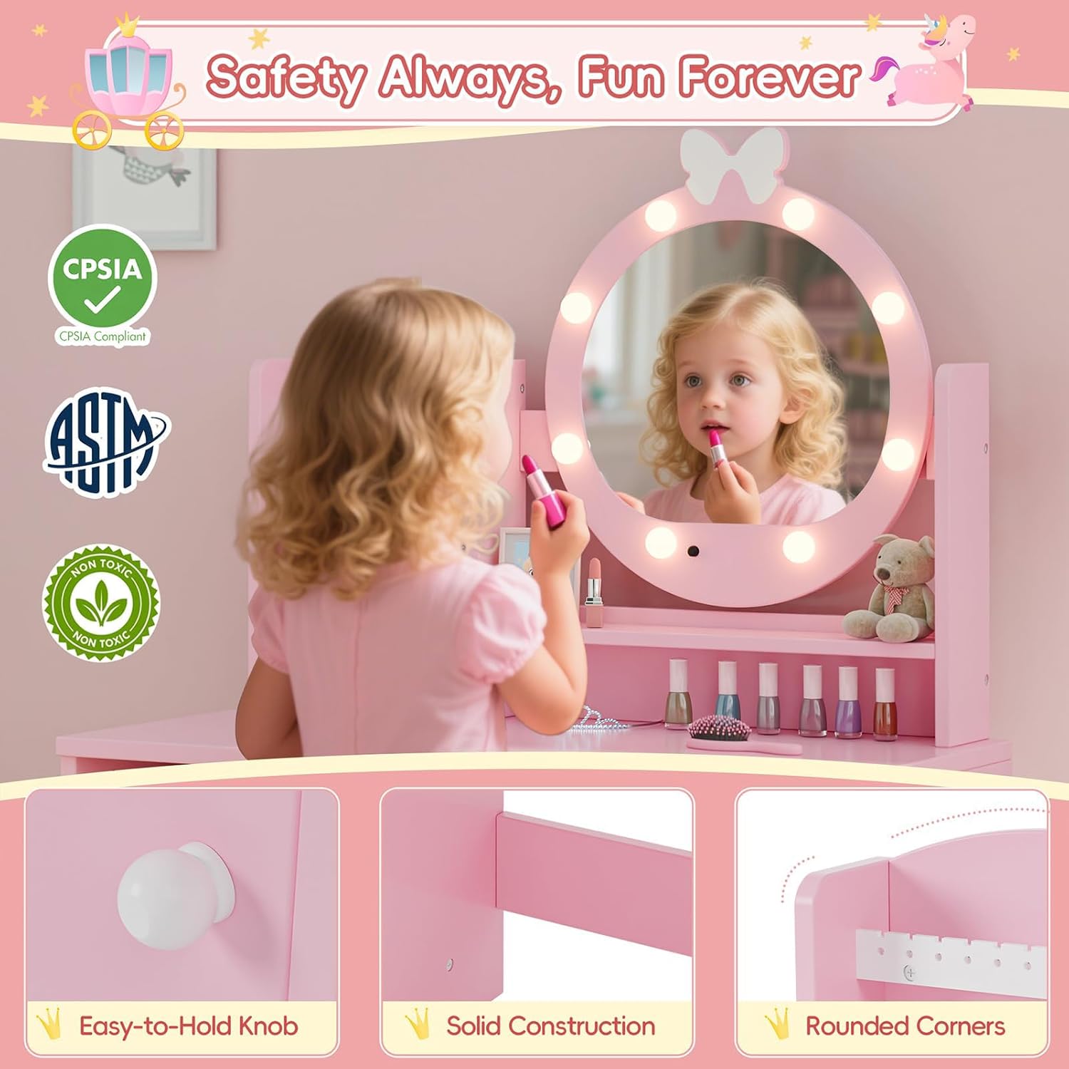 MU Kids Vanity Table and Chair Set – Princess Girls Vanity Set with Mirror, Lights, Jewelry Storage, and Cushioned Stool, Toddler Makeup Vanity for Little Girls - 5