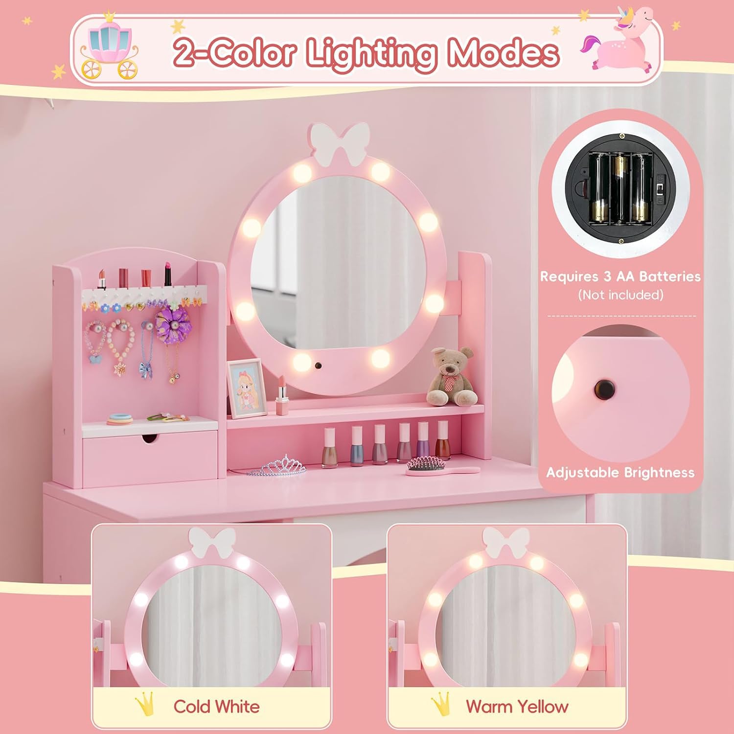 MU Kids Vanity Table and Chair Set – Princess Girls Vanity Set with Mirror, Lights, Jewelry Storage, and Cushioned Stool, Toddler Makeup Vanity for Little Girls - 6