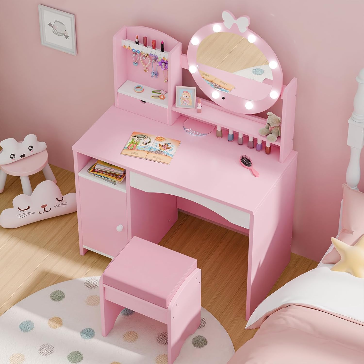 MU Kids Vanity Table and Chair Set – Princess Girls Vanity Set with Mirror, Lights, Jewelry Storage, and Cushioned Stool, Toddler Makeup Vanity for Little Girls - 7