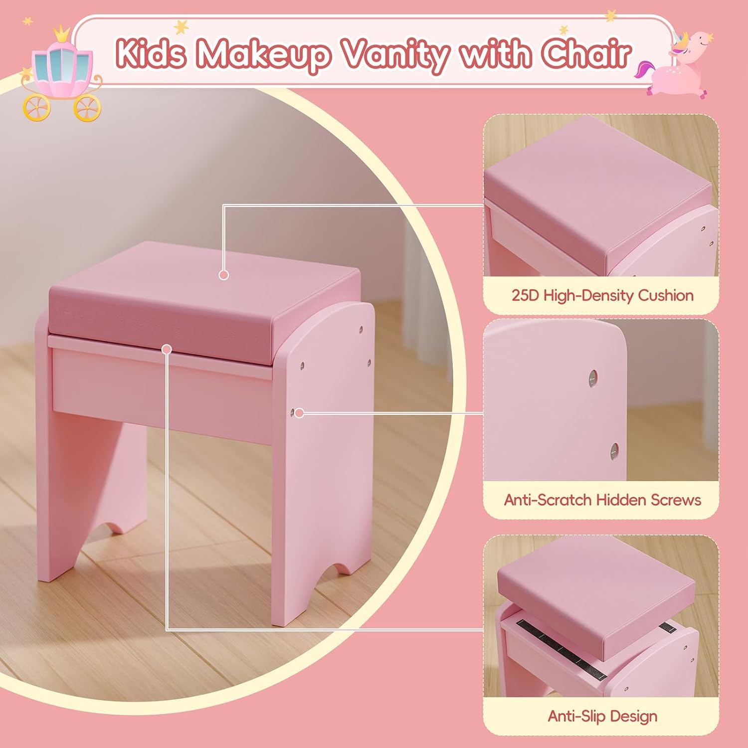 MU Kids Vanity Table and Chair Set – Princess Girls Vanity Set with Mirror, Lights, Jewelry Storage, and Cushioned Stool, Toddler Makeup Vanity for Little Girls - 8