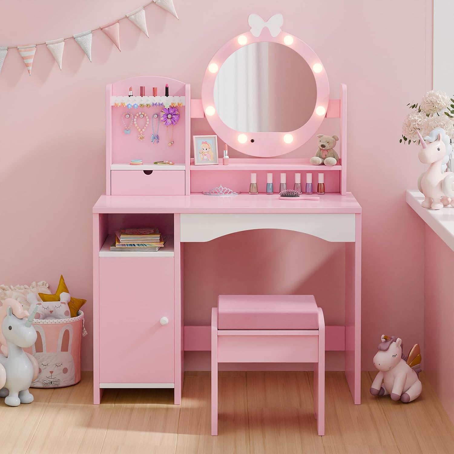 MU Kids Vanity Table and Chair Set – Princess Girls Vanity Set with Mirror, Lights, Jewelry Storage, and Cushioned Stool, Toddler Makeup Vanity for Little Girls - 9