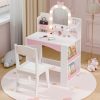 MU Kids Vanity with Lights, Princess Makeup Vanity Table and Chair Set for Girls, Toddler Vanity Desk with Open Bookshelf, Storage Cabinet & Shelves, Stools, White - 1