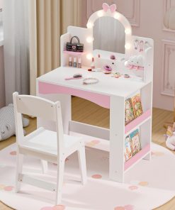 MU Kids Vanity with Lights, Princess Makeup Vanity Table and Chair Set for Girls, Toddler Vanity Desk with Open Bookshelf, Storage Cabinet & Shelves, Stools, White - 1