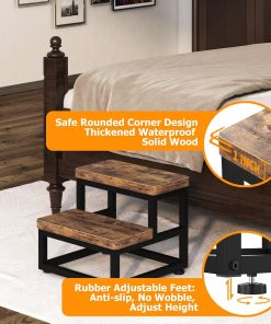 2 Step Wooden Step Stools for Adults Kids, Heavy Duty Stepping Stools Wooden Bed Step Stools for High Beds, Non-Slip 2 Bedside Foot Stool with 500 Lbs Capacity, Kitchen, Bed, RVS Step, Rustic Brown - 2