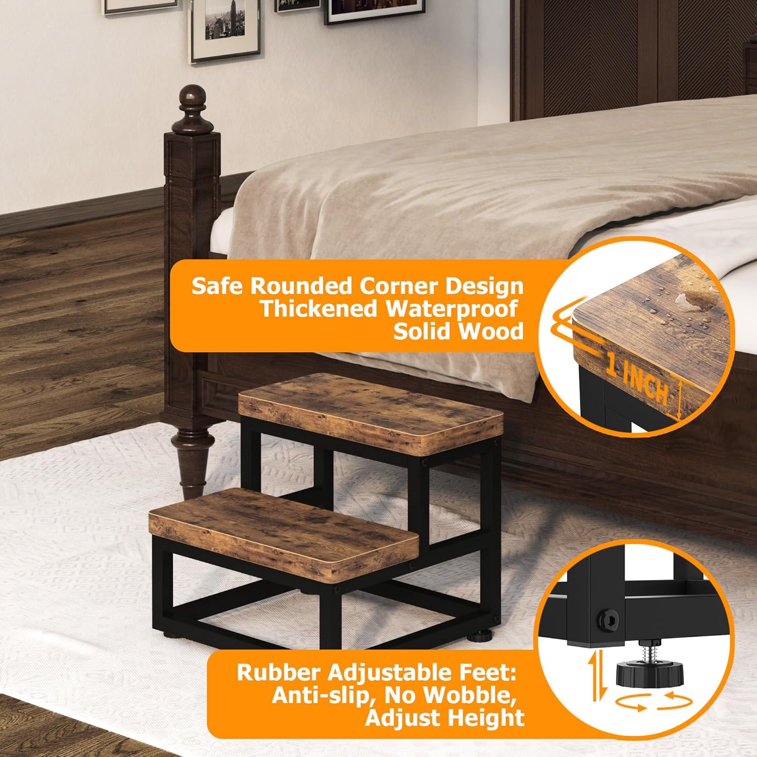 2 Step Wooden Step Stools for Adults Kids, Heavy Duty Stepping Stools Wooden Bed Step Stools for High Beds, Non-Slip 2 Bedside Foot Stool with 500 Lbs Capacity, Kitchen, Bed, RVS Step, Rustic Brown - 2