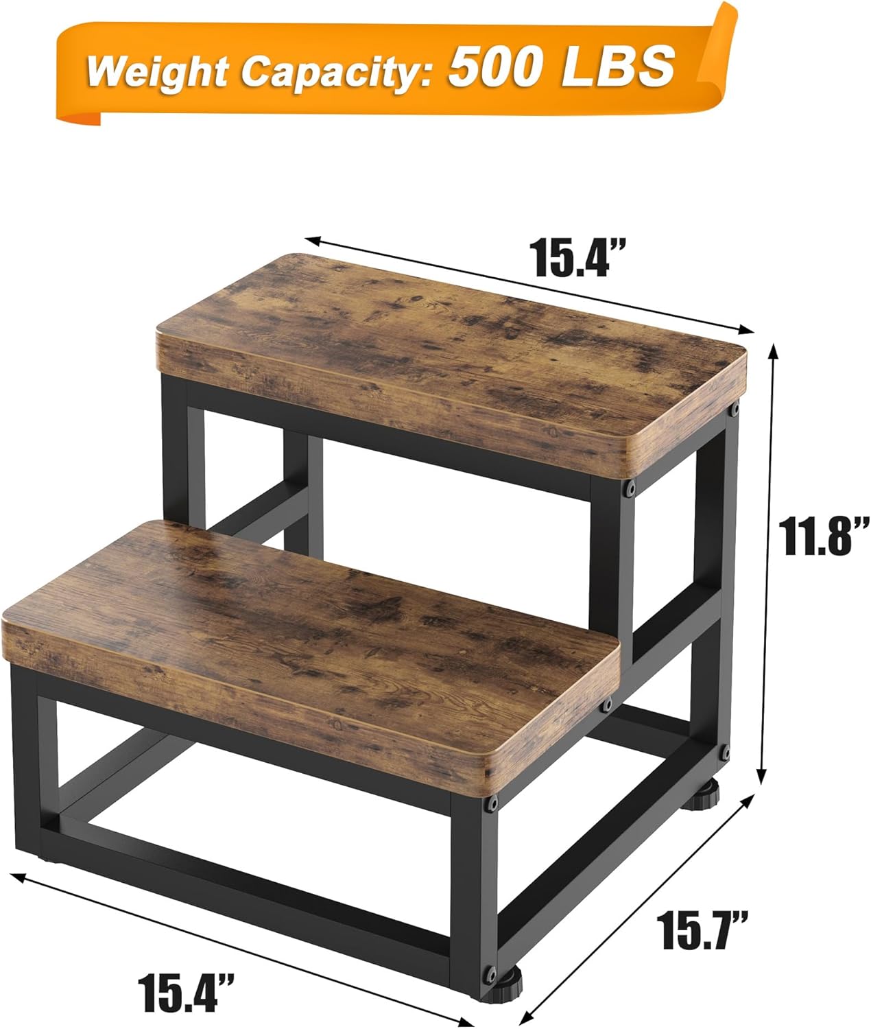 2 Step Wooden Step Stools for Adults Kids, Heavy Duty Stepping Stools Wooden Bed Step Stools for High Beds, Non-Slip 2 Bedside Foot Stool with 500 Lbs Capacity, Kitchen, Bed, RVS Step, Rustic Brown - 4