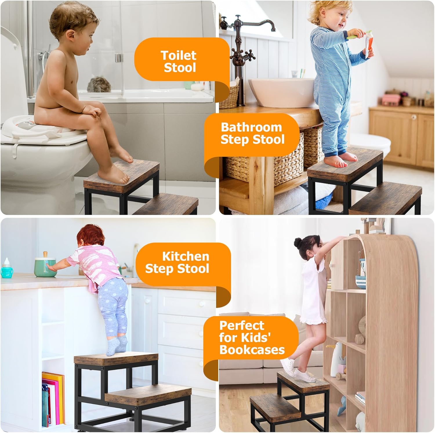 2 Step Wooden Step Stools for Adults Kids, Heavy Duty Stepping Stools Wooden Bed Step Stools for High Beds, Non-Slip 2 Bedside Foot Stool with 500 Lbs Capacity, Kitchen, Bed, RVS Step, Rustic Brown - 6