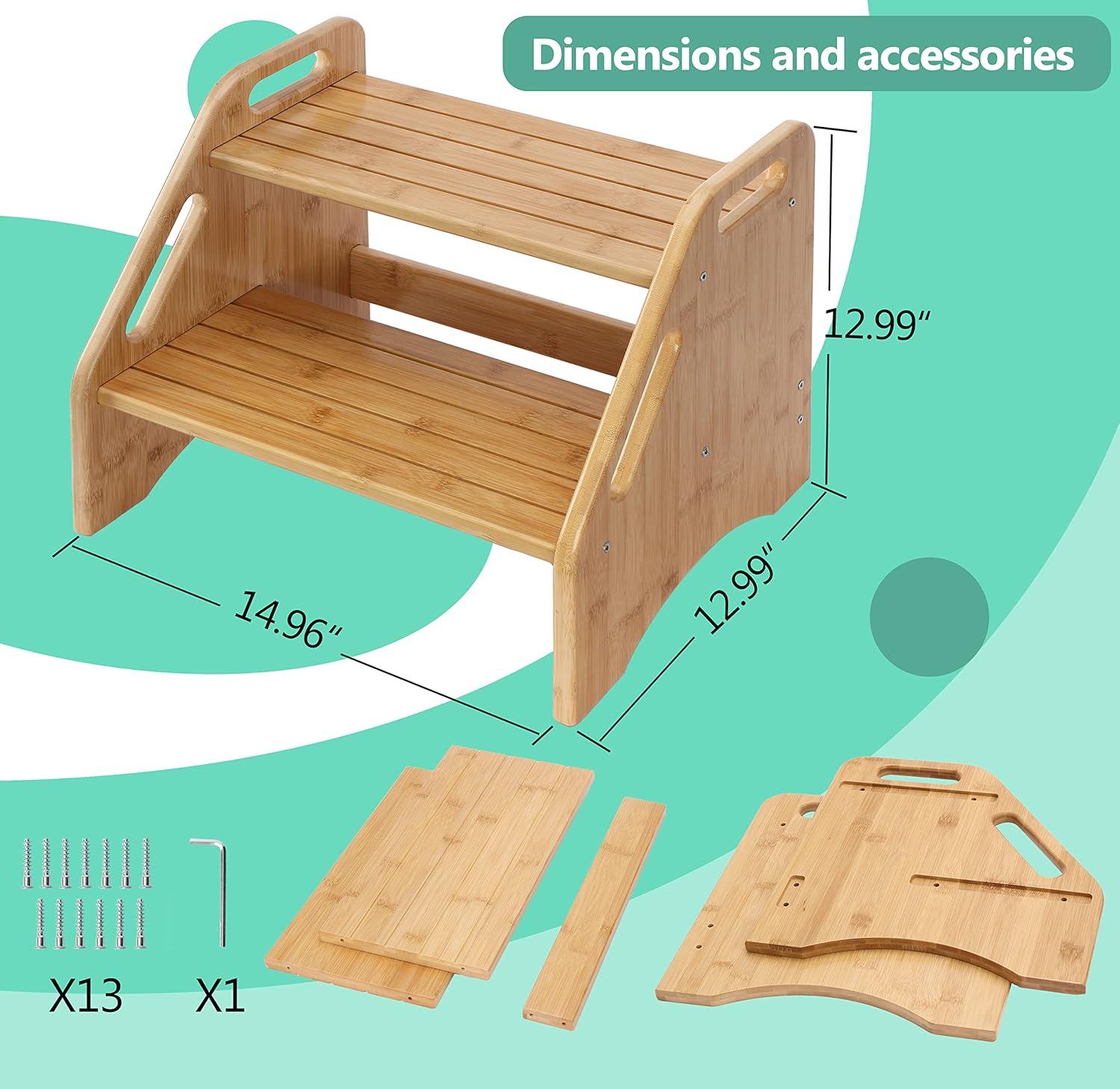 AMBIRD Wooden Step Stool, Two Step Stools Toddler 300 lbs Capacity with Safety Non-Slip Pads and Handles, Bamboo Step Stool for Bathroom, Kitchen Dual Height Step Stools for Kids - 5