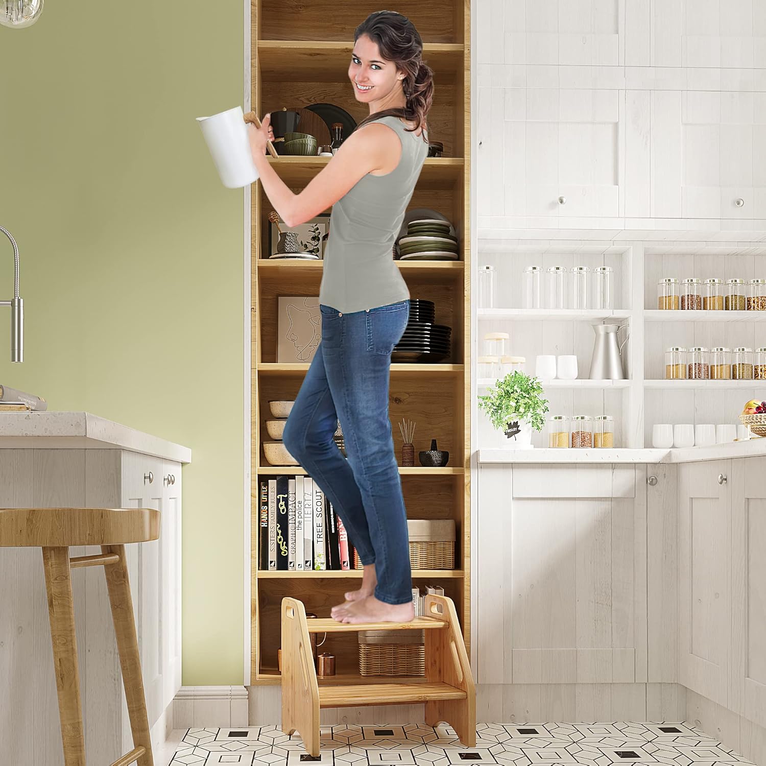 AMBIRD Wooden Step Stool, Two Step Stools Toddler 300 lbs Capacity with Safety Non-Slip Pads and Handles, Bamboo Step Stool for Bathroom, Kitchen Dual Height Step Stools for Kids - 7