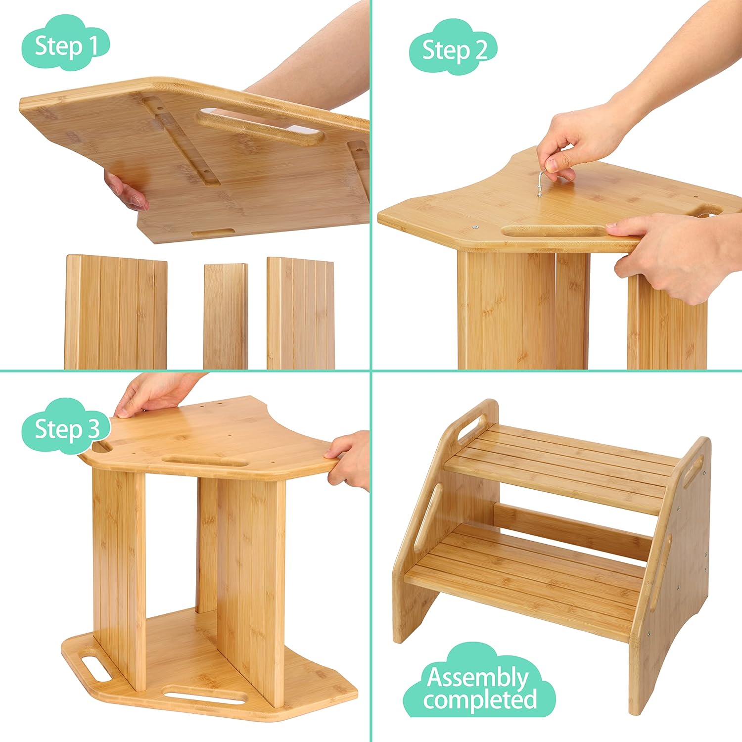 AMBIRD Wooden Step Stool, Two Step Stools Toddler 300 lbs Capacity with Safety Non-Slip Pads and Handles, Bamboo Step Stool for Bathroom, Kitchen Dual Height Step Stools for Kids - 8