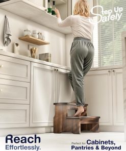FANATU Wooden Two Step Stool, Heavy Duty 2-Step Ladder for Adults & Kids, Supports up to 450lbs for Kitchen, Bathroom or Bedside Use (Walnut Finish) - 4