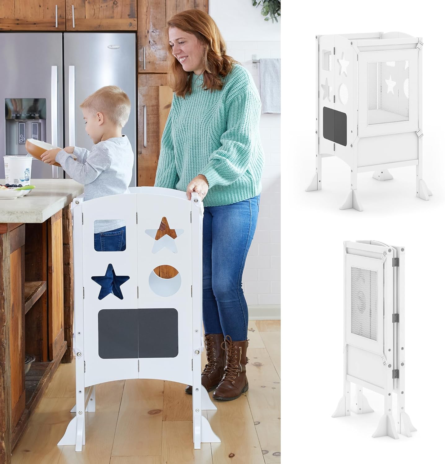 Guidecraft Classic Kitchen Helper® Stool - White with Keepers and Non-Slip Mat- Foldable, Adjustable Height Safety Cooking Tower for Toddlers with Chalkboard - Kids Learning Platform - 1