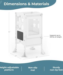 Guidecraft Classic Kitchen Helper® Stool - White with Keepers and Non-Slip Mat- Foldable, Adjustable Height Safety Cooking Tower for Toddlers with Chalkboard - Kids Learning Platform - 2