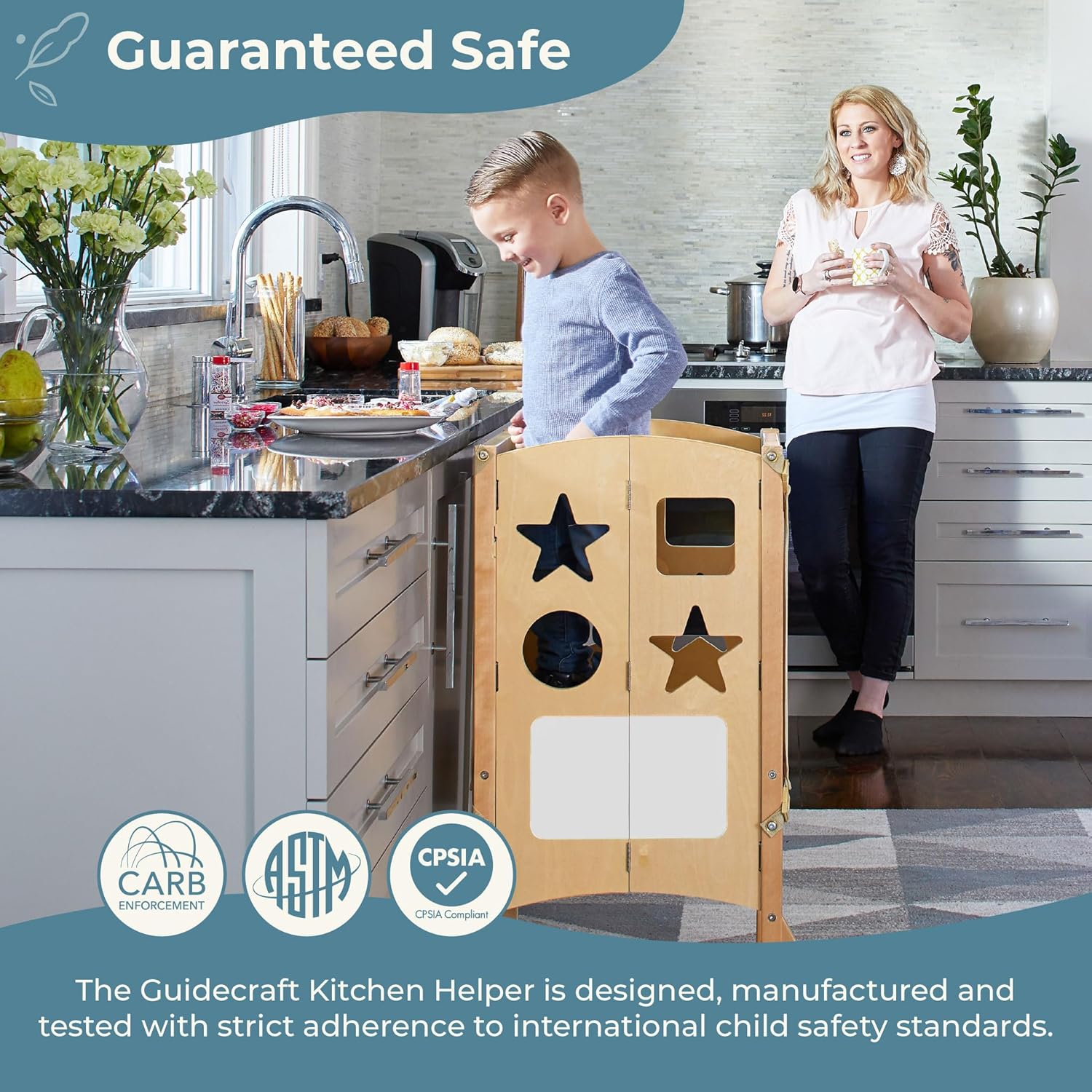 Guidecraft Classic Kitchen Helper® Stool - White with Keepers and Non-Slip Mat- Foldable, Adjustable Height Safety Cooking Tower for Toddlers with Chalkboard - Kids Learning Platform - 3