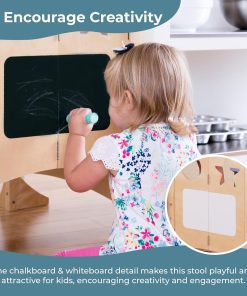 Guidecraft Classic Kitchen Helper® Stool - White with Keepers and Non-Slip Mat- Foldable, Adjustable Height Safety Cooking Tower for Toddlers with Chalkboard - Kids Learning Platform - 87