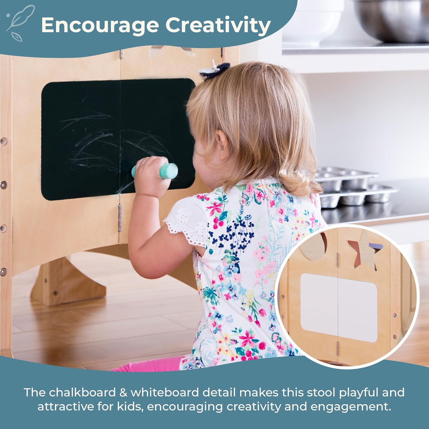 Guidecraft Classic Kitchen Helper® Stool - White with Keepers and Non-Slip Mat- Foldable, Adjustable Height Safety Cooking Tower for Toddlers with Chalkboard - Kids Learning Platform - 87