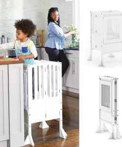 Guidecraft Kitchen Helper® Toddler Tower Step Stool - Contemporary - White- Folding Adjustable Height Montessori Wooden Learning Furniture with Keepers - 1
