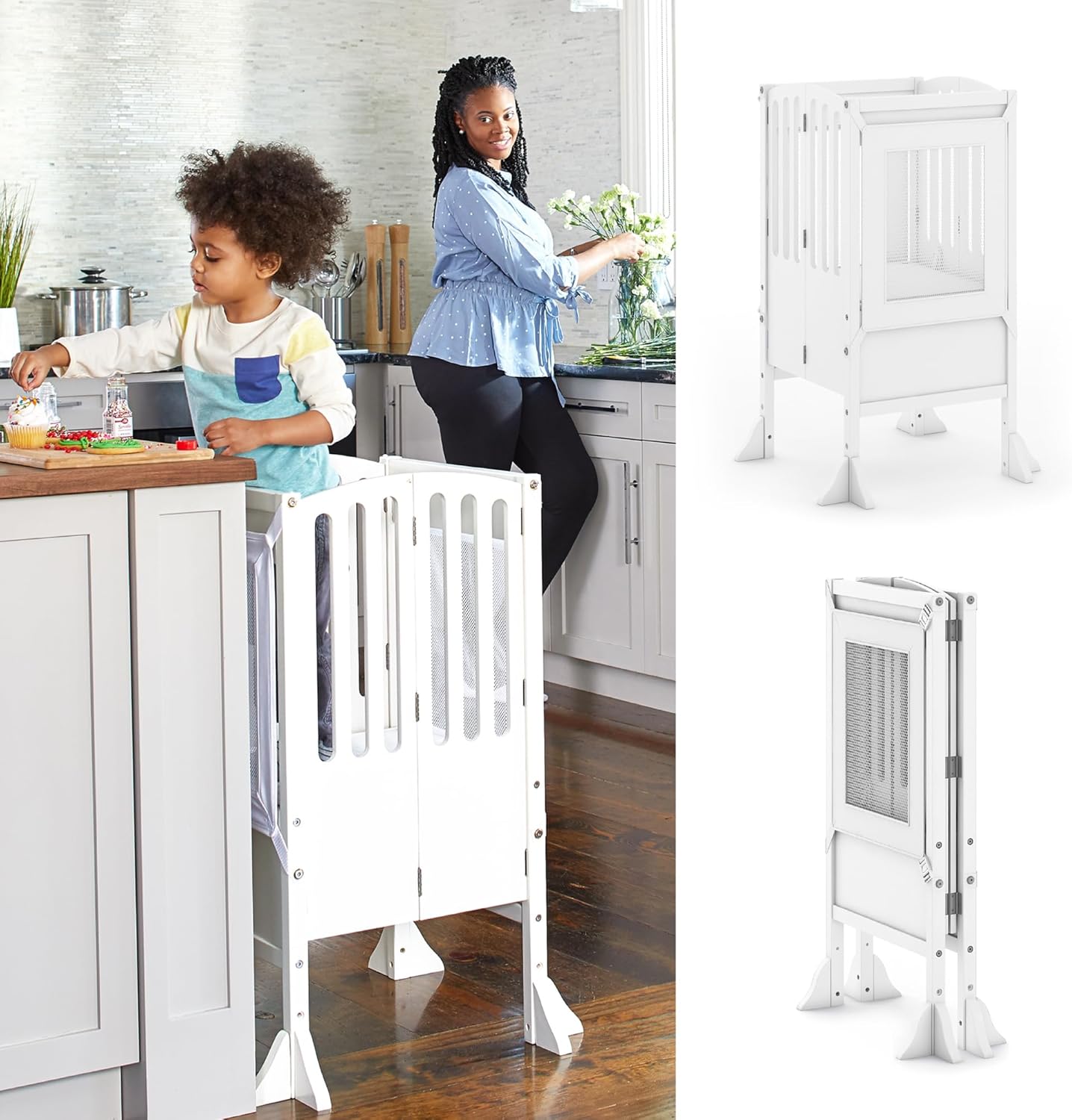 Guidecraft Kitchen Helper® Toddler Tower Step Stool - Contemporary - White- Folding Adjustable Height Montessori Wooden Learning Furniture with Keepers - 1