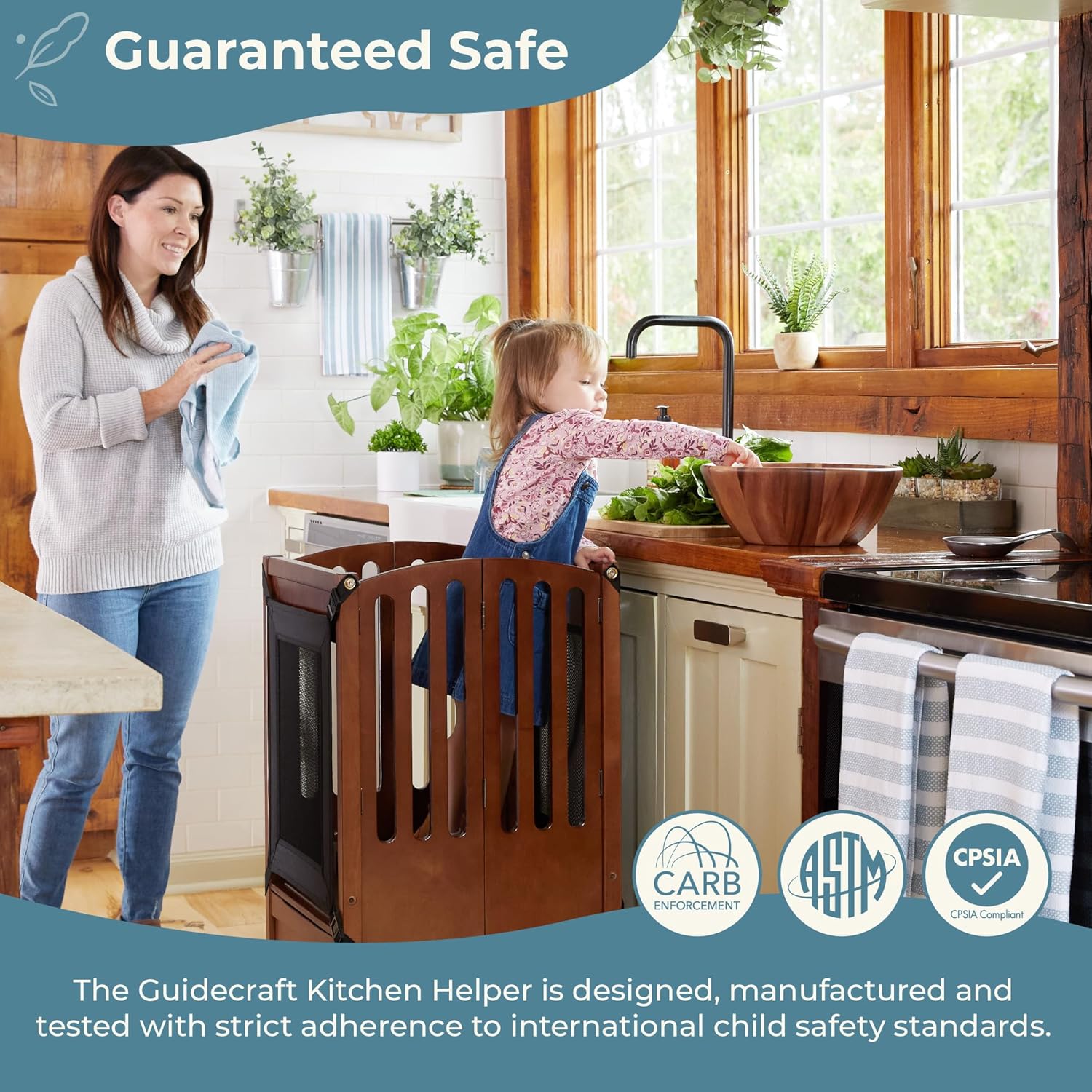 Guidecraft Kitchen Helper® Toddler Tower Step Stool - Contemporary - White- Folding Adjustable Height Montessori Wooden Learning Furniture with Keepers - 2